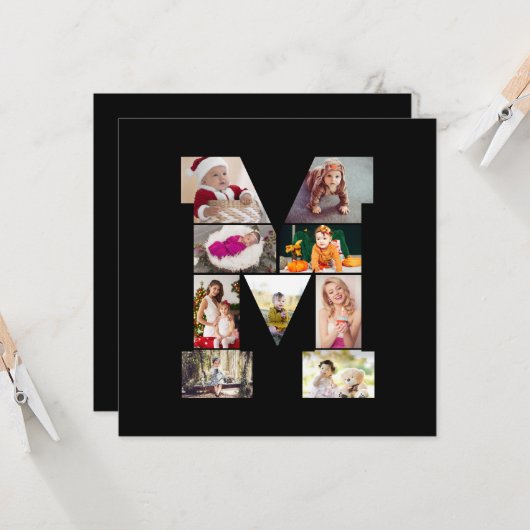 Black and White Letter M Photo Collage カード (正面/裏面インサイチュ)