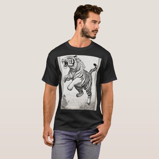 Black and White Line Drawings: Tiger Jumping and P Tシャツ (正面フル)