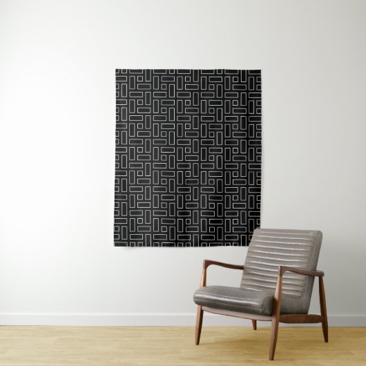 Black and White Linear Block Pattern - Black タペストリー (インサイチュ)
