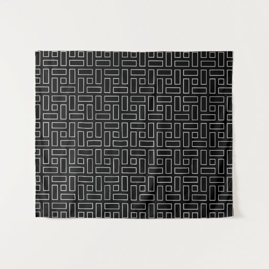 Black and White Linear Block Pattern - Black タペストリー (正面(横))