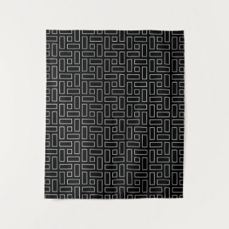 Black and White Linear Block Pattern - Black タペストリー