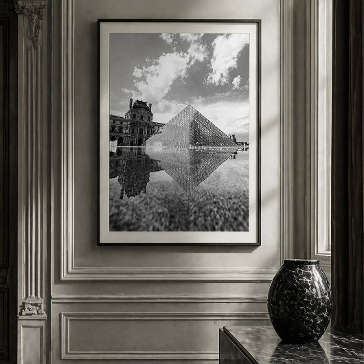 Black and White Louvre Pyramid Paris Reflection ポスター