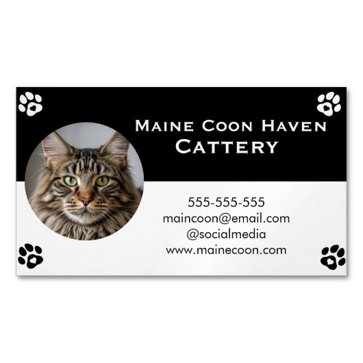 Black and White Maine Coon Customizable  マグネット名刺 (正面)