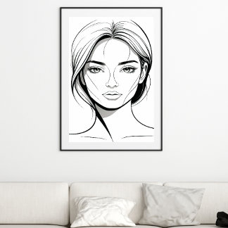Black and White Minimal Woman Line Art Poster ポスター