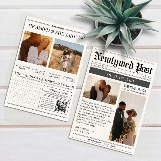 Black and White Modern Newspaper Wedding 招待状