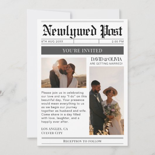 Black and White Modern Newspaper Wedding 招待状 (正面)