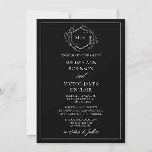 Black and White Monogram Crest Wedding Invitation 招待状 (正面)