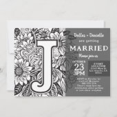 Black and White Monogram J Tattoo Flowers Wedding 招待状 (正面)