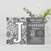 Black and White Monogram J Tattoo Flowers Wedding 招待状 (スタンド正面)