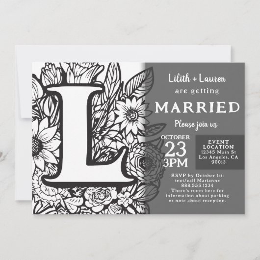 Black and White Monogram L Tattoo Flowers Wedding 招待状 (正面)