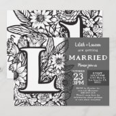 Black and White Monogram L Tattoo Flowers Wedding 招待状 (正面/裏面)