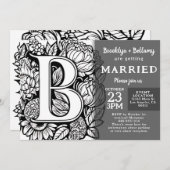 Black and White Monogram Tattoo Flowers Wedding 招待状 (正面/裏面)