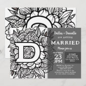 Black and White Monogram Tattoo Flowers Wedding 招待状 (正面/裏面)