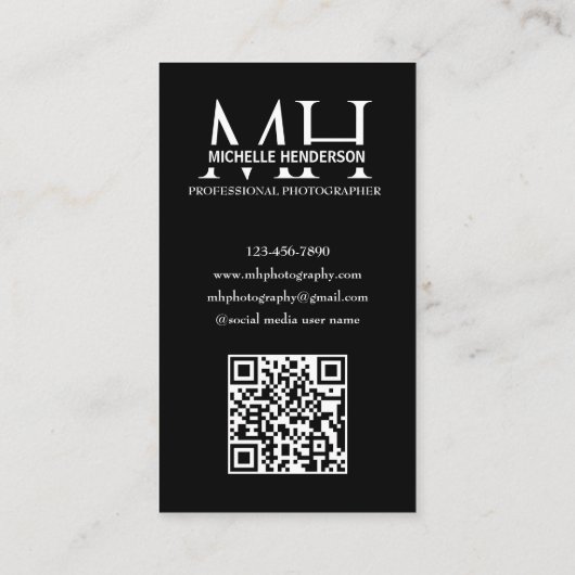 Black and White Monogrammed Logo 1 Photo Qr Code B 名刺 (裏面)