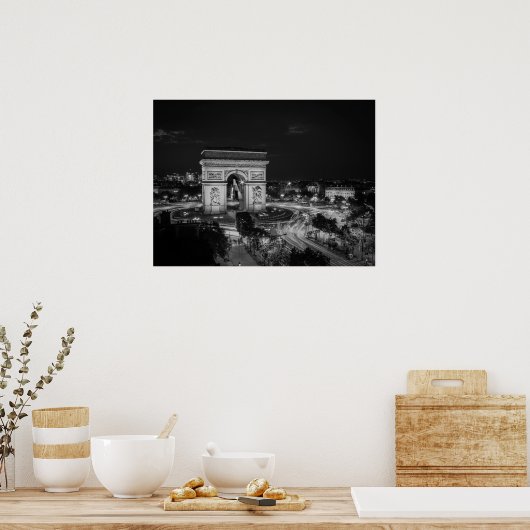 Black and White Night Photo Arc de Triomphe Paris ポスター (キッチン)