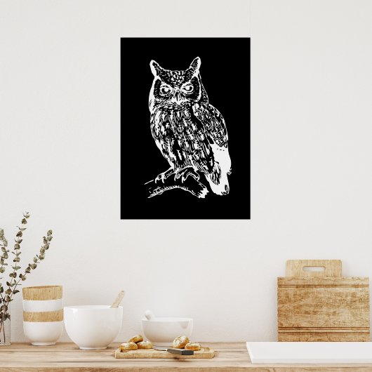 Black and White Owl Art ポスター (キッチン)