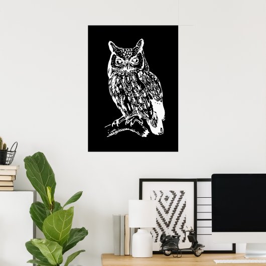 Black and White Owl Art ポスター (ホームオフィス)