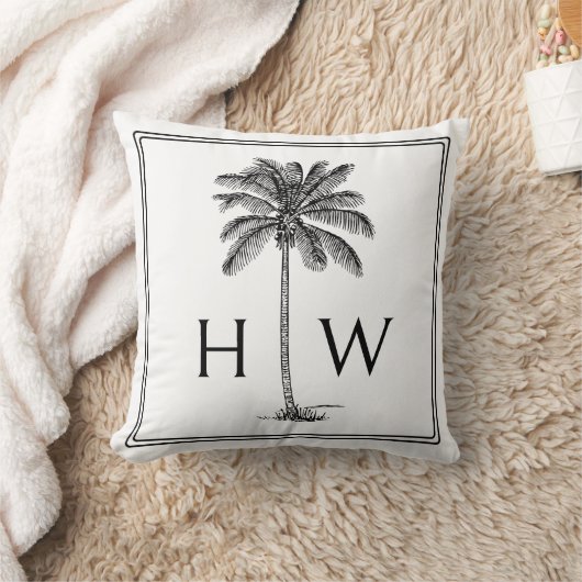 Black and White Palm Palmetto Tree Monogram クッション (ブランケット)