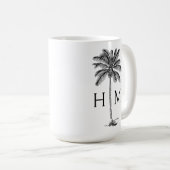 Black and White Palm Palmetto Tree Monogram コーヒーマグカップ (正面右)