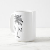 Black and White Palm Palmetto Tree Monogram コーヒーマグカップ (正面左)