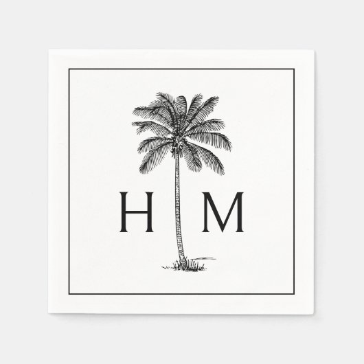 Black and White Palm Palmetto Tree Monogram スタンダードカクテルナプキン (正面)