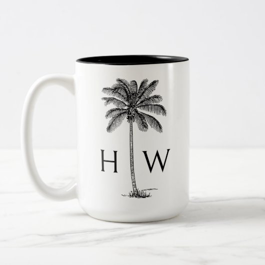 Black and White Palm Palmetto Tree Monogram ツートーンマグカップ (左)
