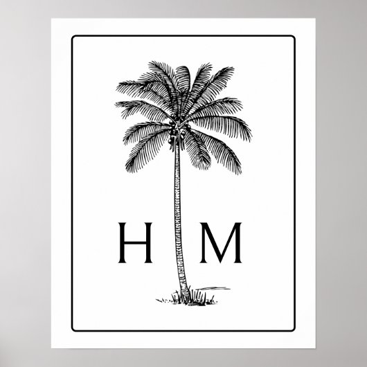 Black and White Palm Palmetto Tree Monogram ポスター (正面)