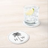 Black and White Palm Palmetto Tree Monogram ラウンドペーパーコースター (インサイチュ)