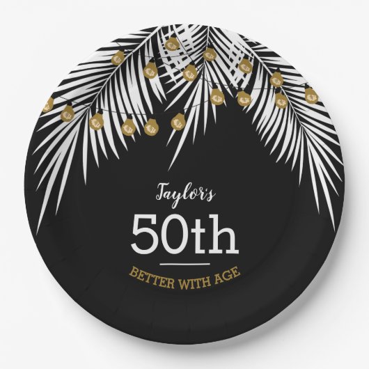 Black and White Palms 50th Birthday Party ペーパープレート (正面)