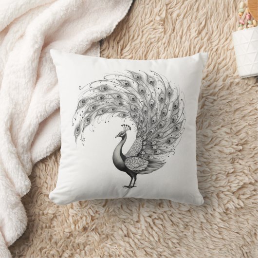Black and White Peacock クッション (ブランケット)