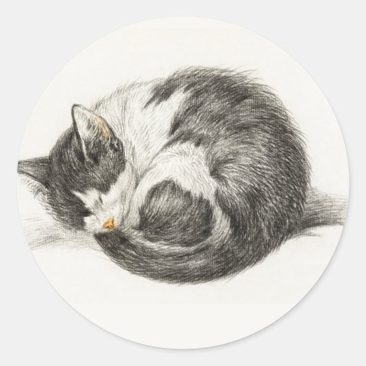 Black and white pencil drawing of a sleeping cat ラウンドシール (正面)