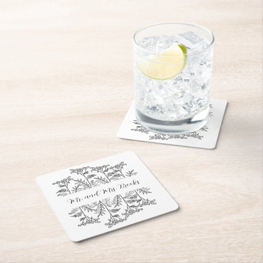 Black and White Personalized Floral Paper Coaster スクエアペーパーコースター (インサイチュ)