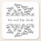 Black and White Personalized Floral Paper Coaster スクエアペーパーコースター (正面)