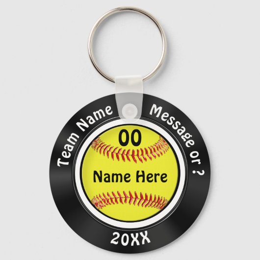Black and White Personalized Softball Party Favors キーホルダー (正面)