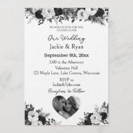 Black and White Photo Template Botanical  Wedding  招待状