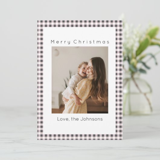 Black And White Plaid Custom Photo Christmas シーズンカード (スタンド正面)