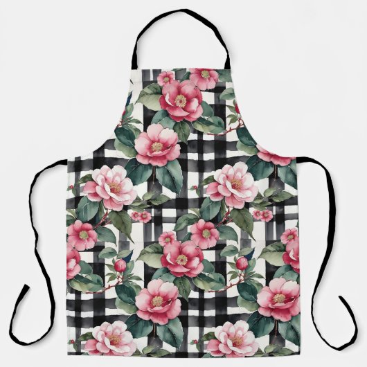 Black and White Plaid With Leafy Pink Camellias エプロン (正面)