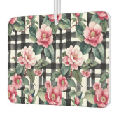 Black and White Plaid With Leafy Pink Camellias カーエアーフレッシュナー (左)