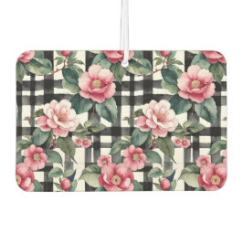Black and White Plaid With Leafy Pink Camellias カーエアーフレッシュナー
