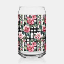 Black and White Plaid With Leafy Pink Camellias