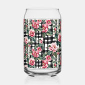 Black and White Plaid With Leafy Pink Camellias ガラス缶 (右)