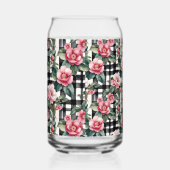 Black and White Plaid With Leafy Pink Camellias ガラス缶 (左)