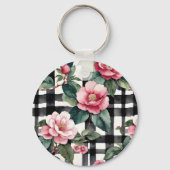 Black and White Plaid With Leafy Pink Camellias キーホルダー (正面)