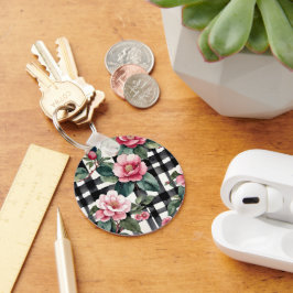 Black and White Plaid With Leafy Pink Camellias キーホルダー