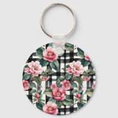 Black and White Plaid With Leafy Pink Camellias キーホルダー (裏面)