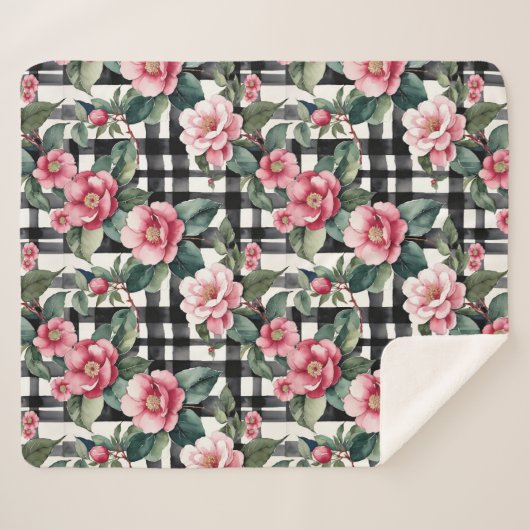 Black and White Plaid With Leafy Pink Camellias シェルパブランケット (正面(横))