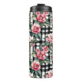 Black and White Plaid With Leafy Pink Camellias タンブラー (正面)