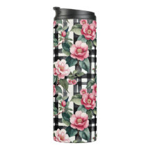 Black and White Plaid With Leafy Pink Camellias