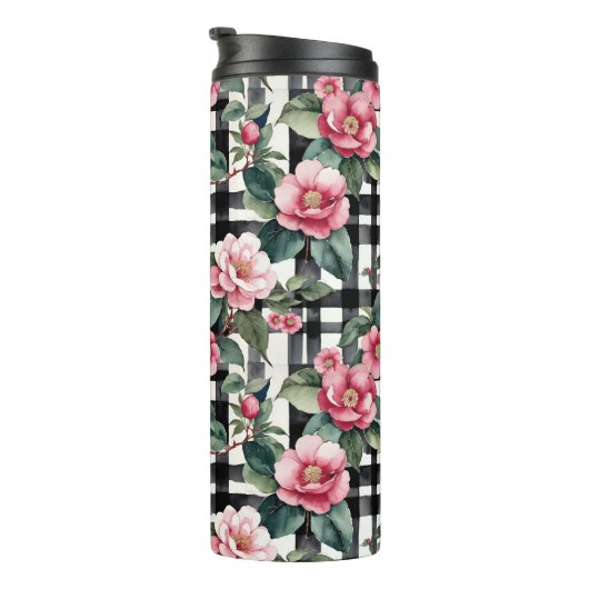 Black and White Plaid With Leafy Pink Camellias タンブラー (回転右)