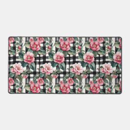 Black and White Plaid With Leafy Pink Camellias デスクマット